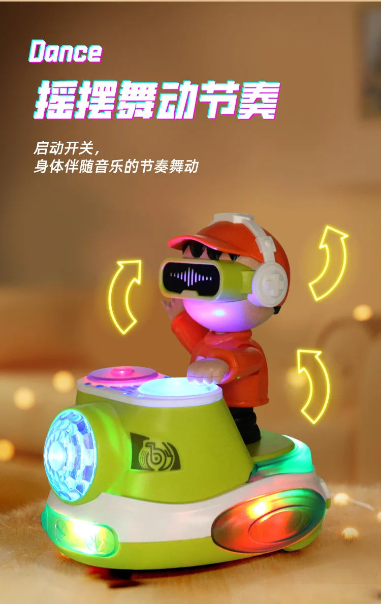 Voiture DJ interactive orange et blanche pour enfants avec lumières musicales, dotée d'un dispositif sur la tête.
