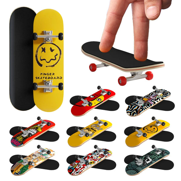 A set of mini wooden finger skateboards in various colors and designs displayed on a white background.