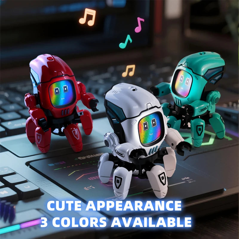 A white interactive dancing duck robot toy with colorful lights is displayed on a laptop keyboard.