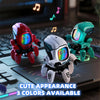A white interactive dancing duck robot toy with colorful lights is displayed on a laptop keyboard.