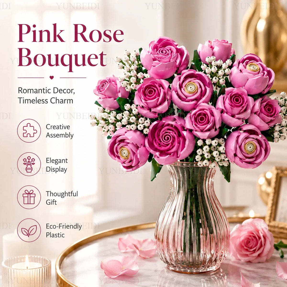 A pink rose bouquet featuring vibrant pink roses and white filler flowers displayed in a glass vase.