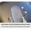A close-up of a light gray soft insole inside a sneaker, highlighting its skin-friendly and easy to wear features.