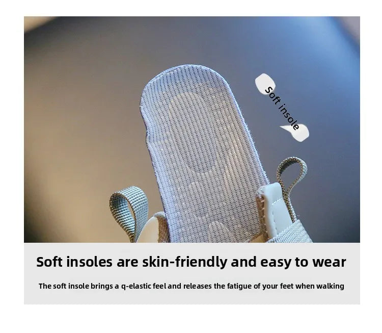 A close-up of a light gray soft insole inside a sneaker, highlighting its skin-friendly and easy to wear features.