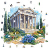 An artistic jigsaw puzzle depicting a classical Greek temple with columns and surrounding greenery.
