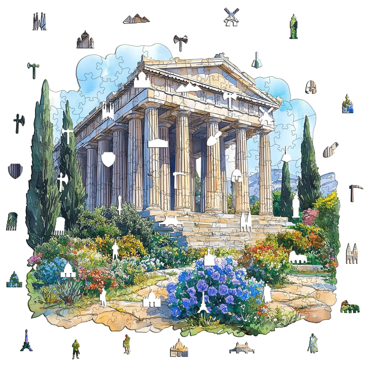 An artistic jigsaw puzzle depicting a classical Greek temple with columns and surrounding greenery.