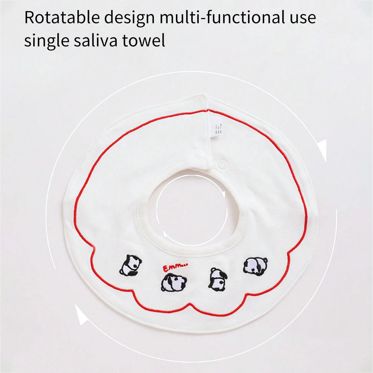 White silicone drool bibs with bear designs arranged around a circular, rotatable design.