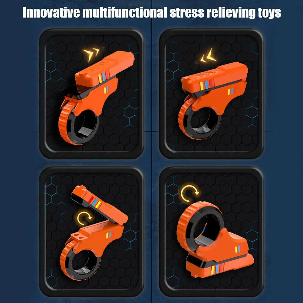 Four views of an orange multi-functional stress relieving toy or fidget device with a rotary finger slider mechanism.