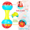 A soft baby grasping ball rattle with a bell shown in various colors and textures for infants.