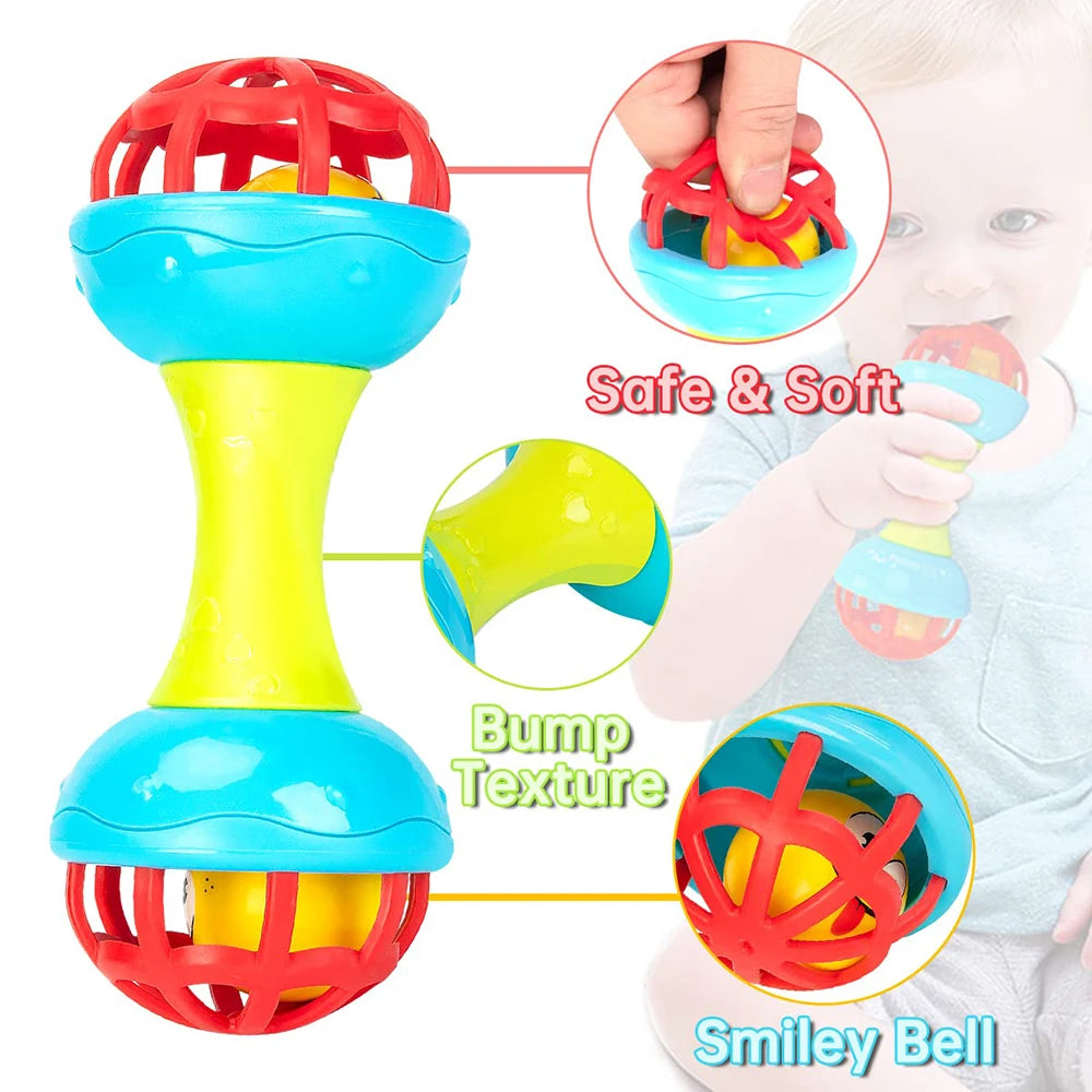 A soft baby grasping ball rattle with a bell shown in various colors and textures for infants.
