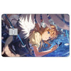 Anime girl with brown hair and white feathered wings looking forward in a blue background.