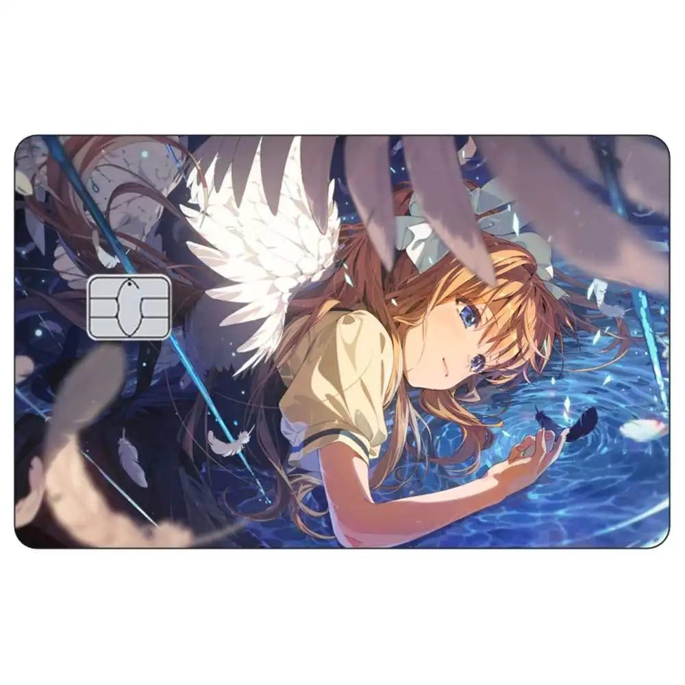 Anime girl with brown hair and white feathered wings looking forward in a blue background.