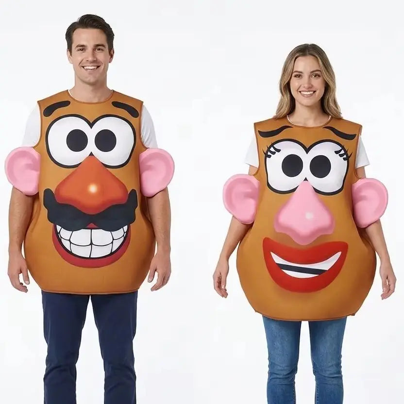 A man and a woman wearing matching Mr. & Mrs. Potato Head couple costumes.