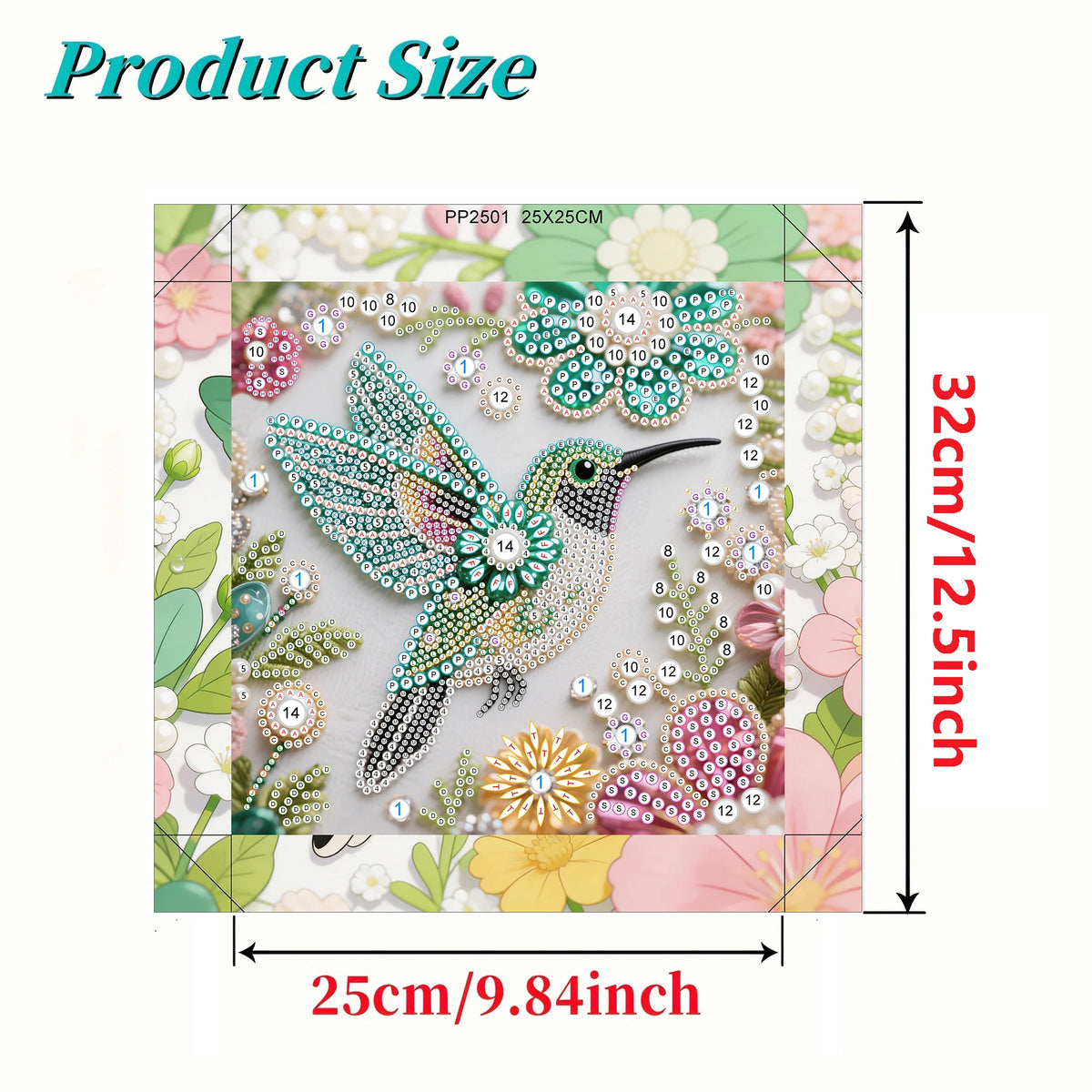 A diamond painting kit featuring a bird design with intricate details and colorful sequins on a light background.