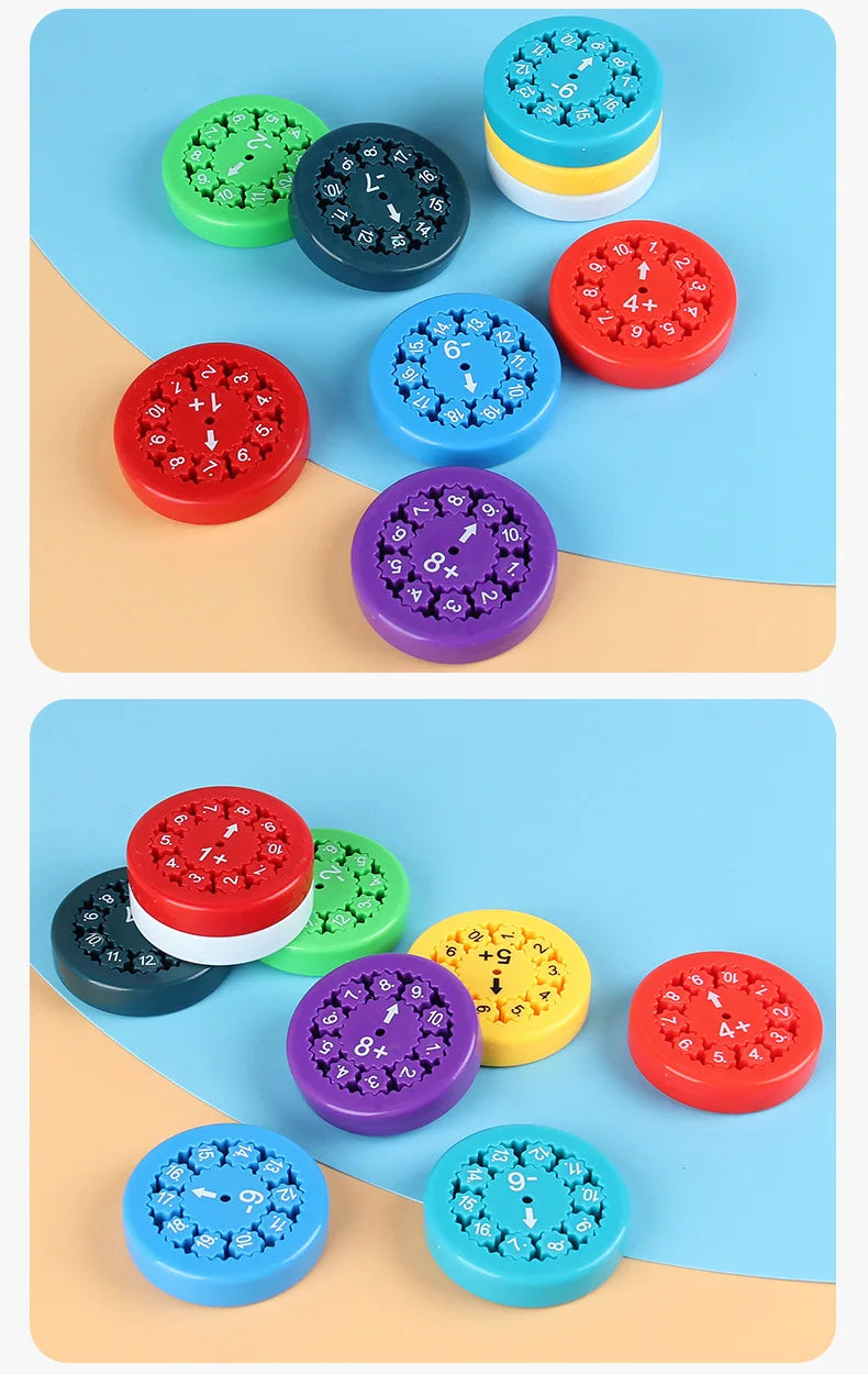 A collection of colorful math fidget spinners featuring various numbers and operations like plus and minus signs.