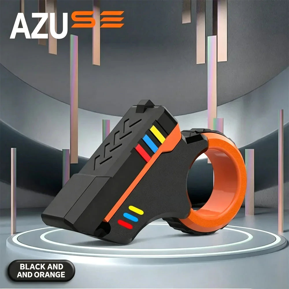 A black and orange magnetic fidget push card with a spinner for stress relief displayed on a gray background.