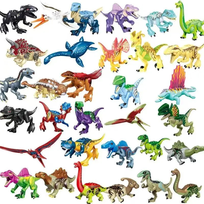 A collection of various dinosaur figures and toys, including Velociraptor, T-Rex, and other dinosaurs.
