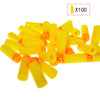 A pile of yellow EVA foam short darts for Nerf blasters, shown under a 100x magnification.