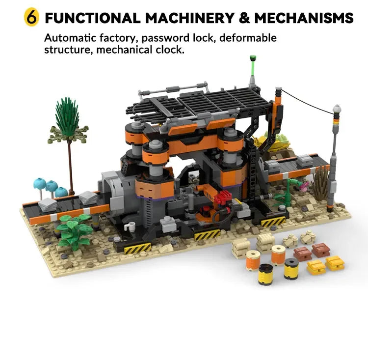 Un ensemble de style LEGO avec machinerie fonctionnelle et mécanismes, y compris une usine automatique, un loquet, une struct
