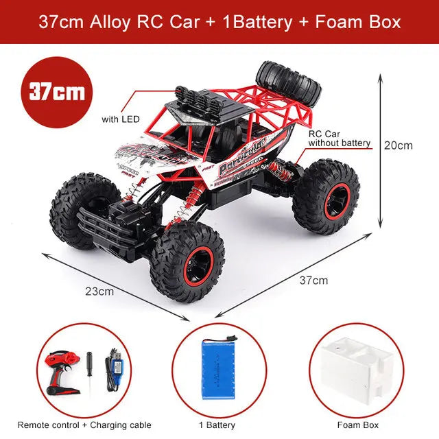 A red and black 37cm alloy RC car with a battery and foam box shown from above.