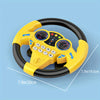 A yellow interactive steering wheel toy for kids shown from above with a black rim and various buttons.