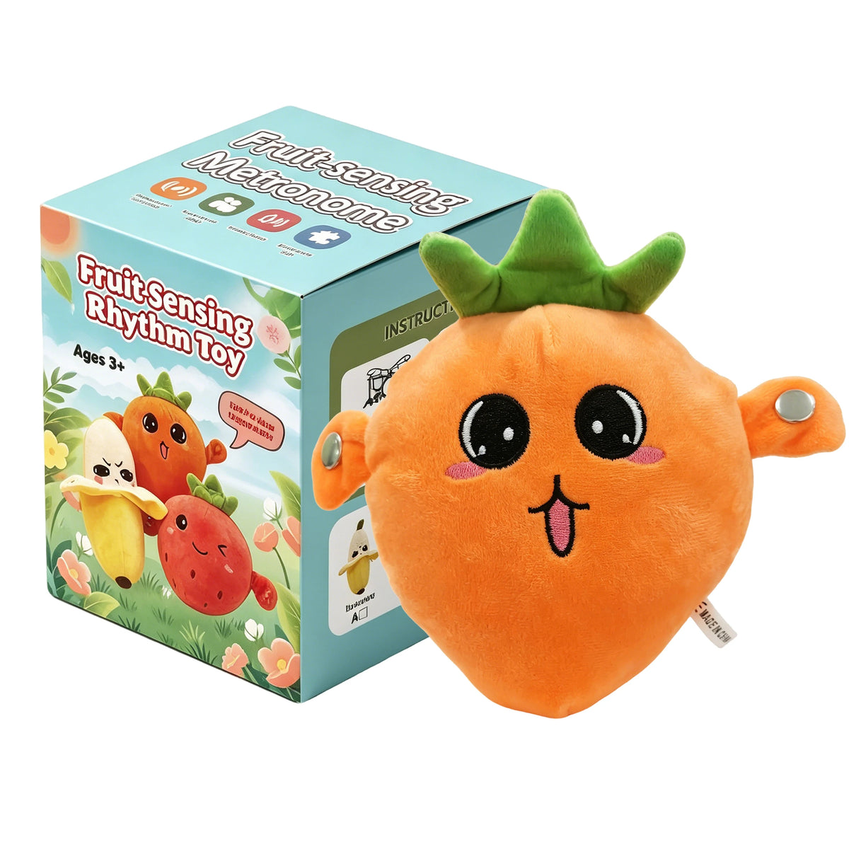 Orange, fruchtfühlendes Metronomspielzeug in Form eines lächelnden Frucht, verpackt in einer Box.