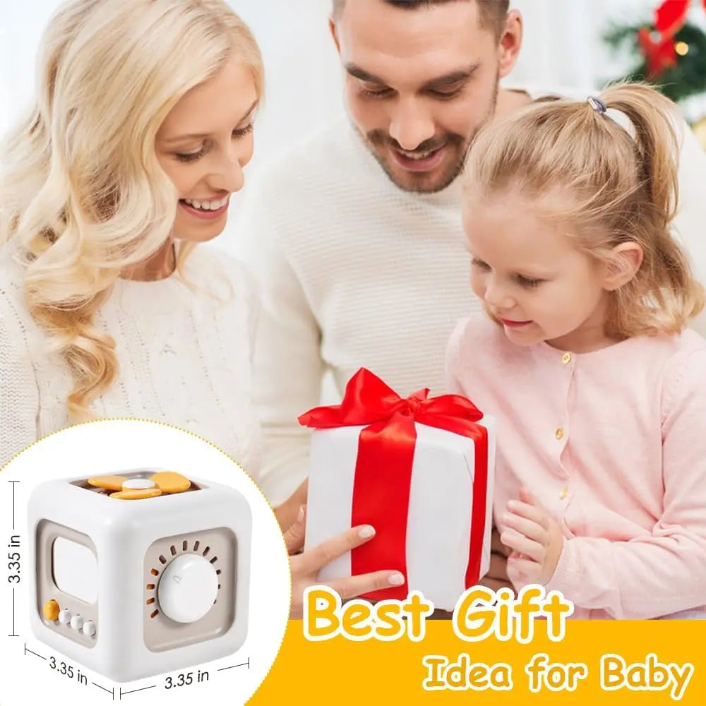 A white Montessori activity cube gift box is shown with a mother and daughter.