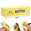 A yellow butter squishy stress relief toy is shown in various forms and sizes.