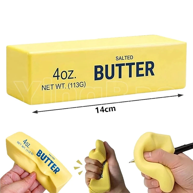 A yellow butter squishy stress relief toy is shown in various forms and sizes.