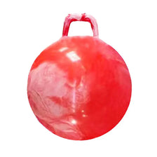 A bright red inflatable hopper ball with a handle, designed for kids' active play.