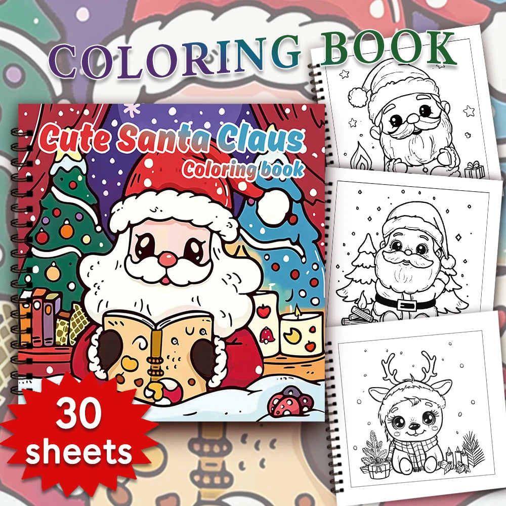 A coloring book featuring Cute Santa Claus illustrations on spiral-bound pages.