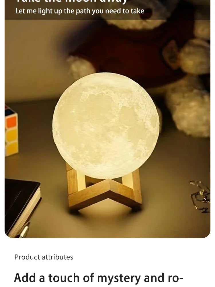 A glowing moon-shaped night light illuminates a wooden surface.