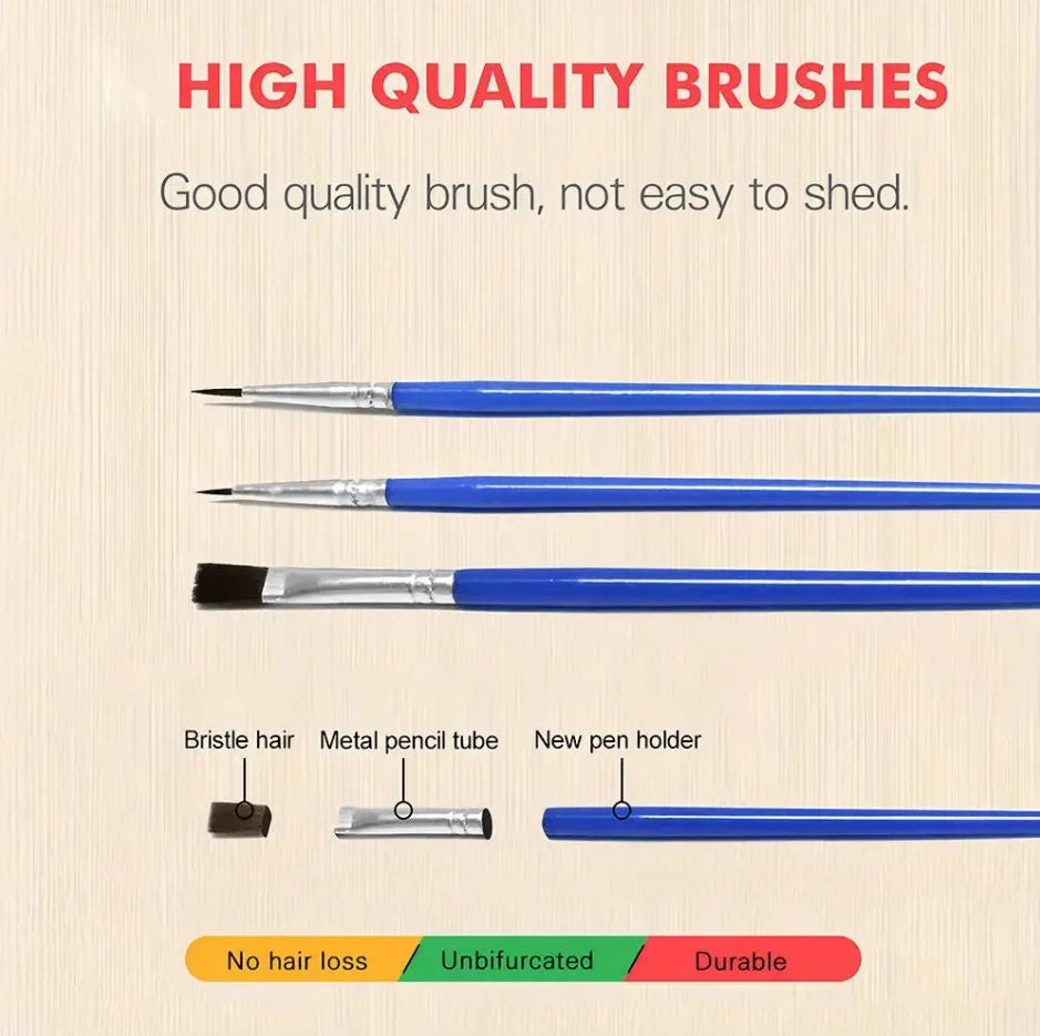 A set of high quality paint by numbers brushes including bristle hair, metal pencil tube, and new pen holders.