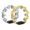 A pair of colorful double-layer tambourines with metal bells, featuring silver and gold metal rings.
