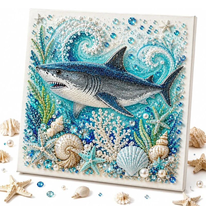 Diamond art kit featuring a silver shark and various sea creatures like starfish and shells on a white background