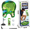 A set of indoor golf practice including a putting mat, putter, and golf balls.