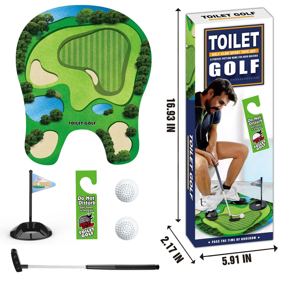 A set of indoor golf practice including a putting mat, putter, and golf balls.
