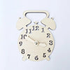A wooden Montessori busy board clock featuring castle and bulldozer themes with numbers 1 through 12