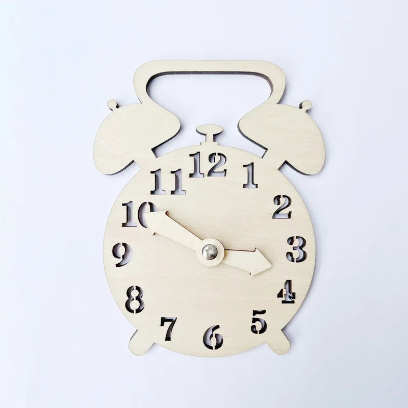 A wooden Montessori busy board clock featuring castle and bulldozer themes with numbers 1 through 12
