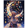 A diamond painting depicts a girl silhouette against a crescent moon filled with sparkling stars and colorful elements.