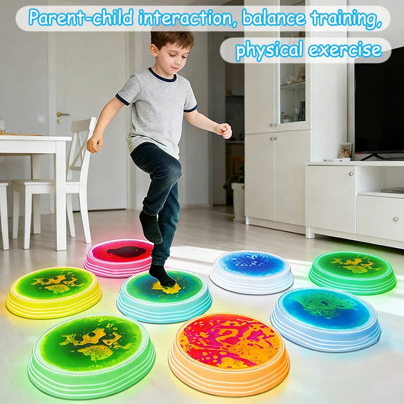 Colorful LED balance stone mats used for parent-child interaction and physical exercise.