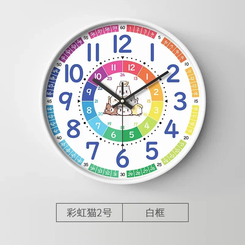 A round analog clock face with colored numbers and zodiac signs, featuring a cute animal design.
