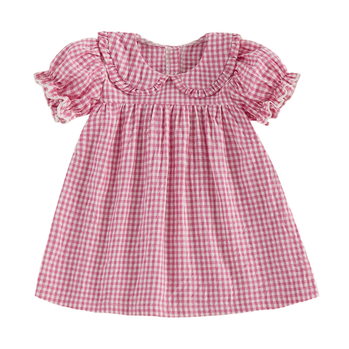 Pink gingham A-line dress for a toddler girl with a Peter Pan collar