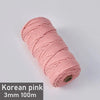 A roll of Korean pink 3mm cotton macrame cord measuring 100 meters.