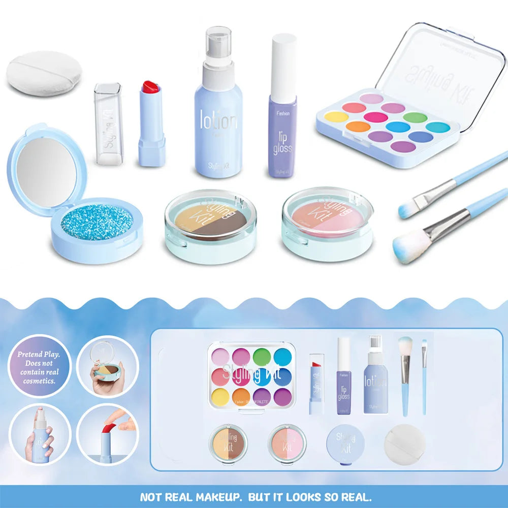 A Pretend Play makeup kit for kids showing various cosmetic items including lip gloss, eyeshadow palettes, and brushes.