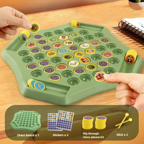 A green plastic chessboard with yellow and purple stickers, chess pieces, and a stick for concentration training.