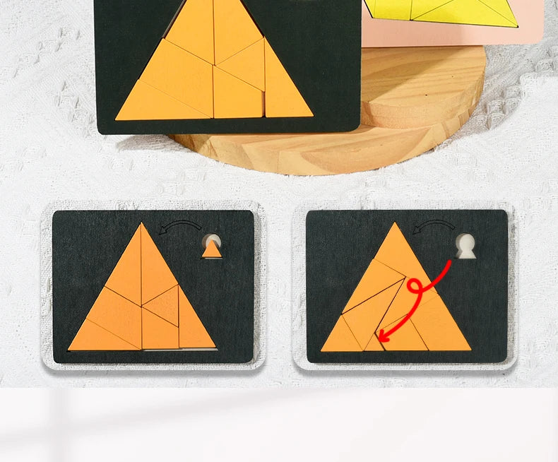 Three wooden geometric puzzles of varying sizes and colors, featuring orange triangles on black backgrounds.