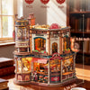 A detailed wooden model kit of a coffee factory featuring various elements like machinery and storefronts.