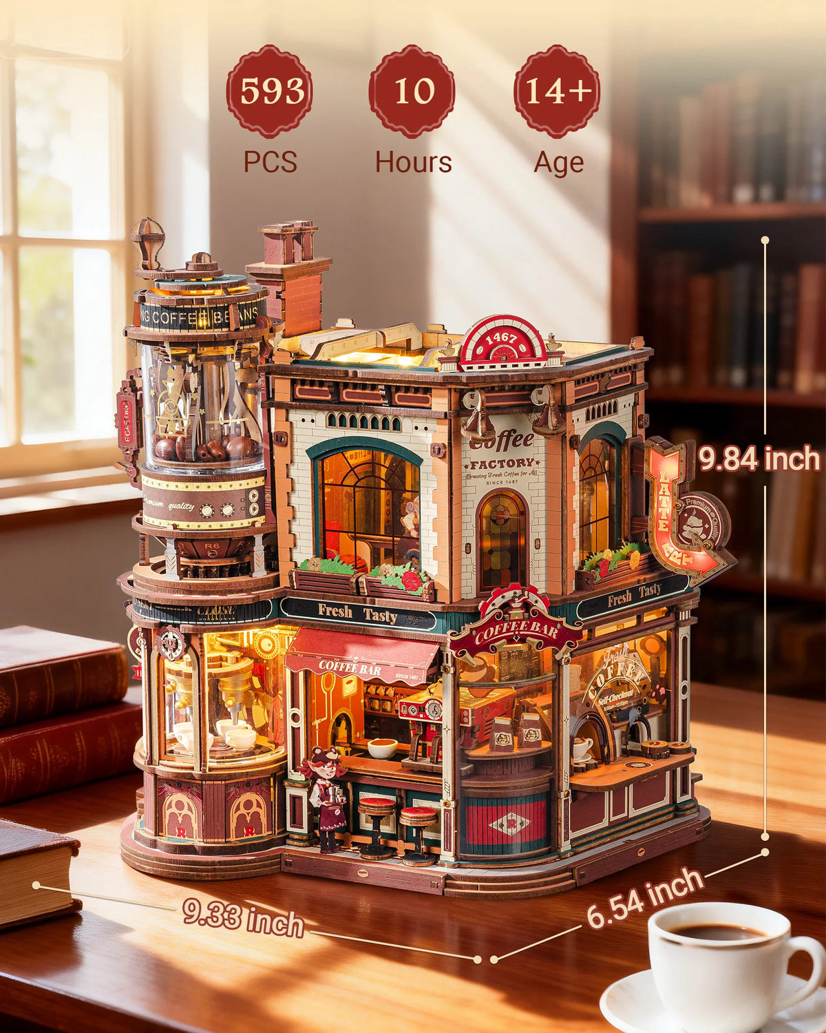 A detailed wooden model kit of a coffee factory featuring various elements like machinery and storefronts.