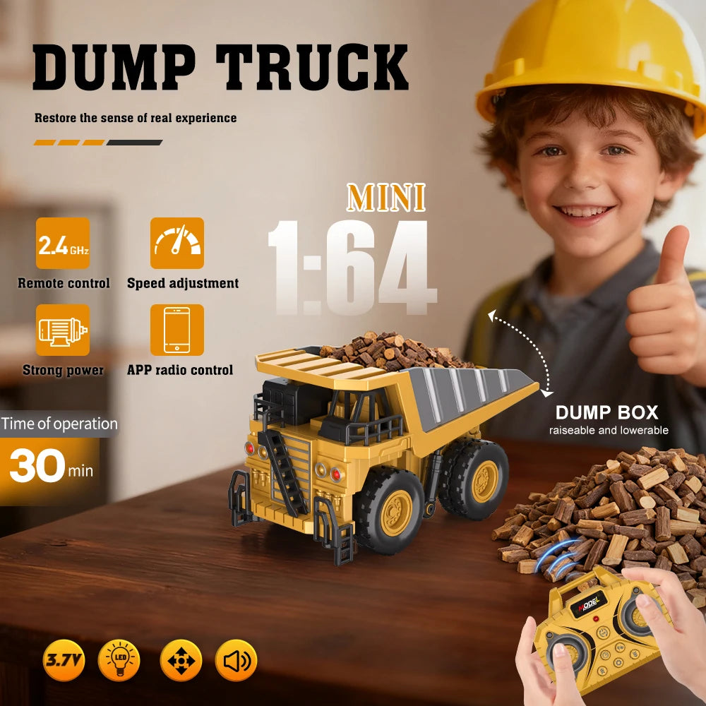 A child is playing with a yellow mini dump truck remote control toy and a pile of wood chips.