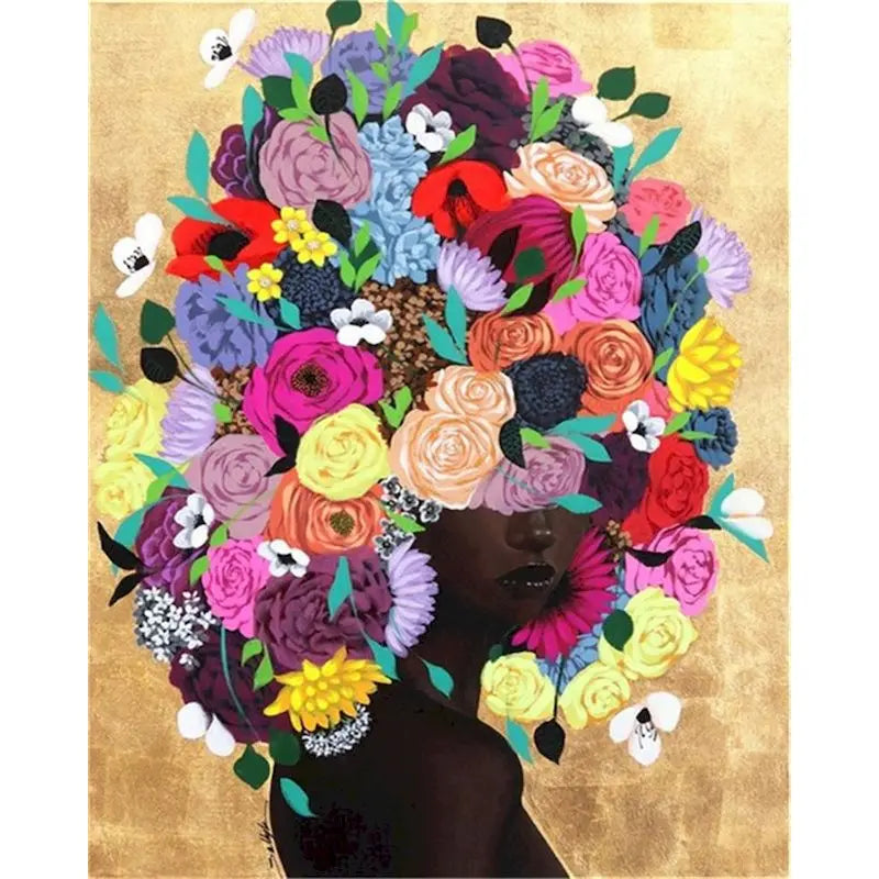 A woman's head is adorned with a vibrant, colorful crown of painted flowers.